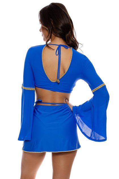 LULI CHIC - Bell Sleeve Crop Top & Tie Side Wrap Skirt • Electric Blue