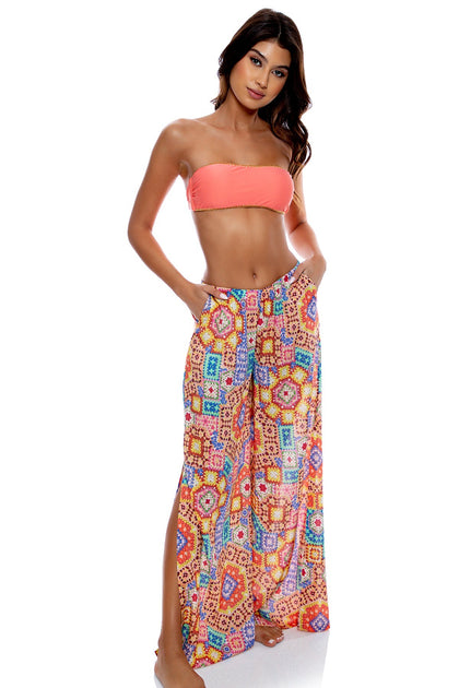 LULI CHIC - Luxe Stitch Free Form Bandeau Top & Open Sides Wide Leg Pant • Coral