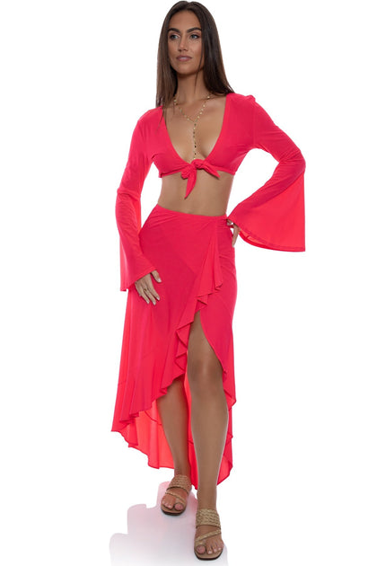 COSITA BUENA - Bell Sleeve Crop Top & Ruffled High-lo Slit Skirt • Bombshell Red