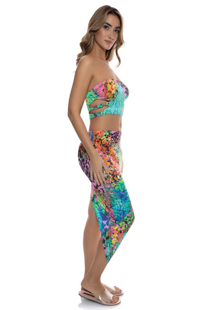 MIAMI MYSTIQUE - Double Knotted Side Cut Out Crop Top & Asymmetrical Waist Cut Out Skirt • Multicolor