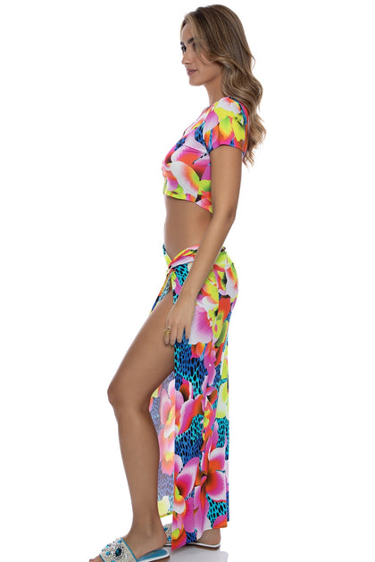 TROPICAL ILLUSIONS - Crop Top & Twist Front Skirt • Multi Blue