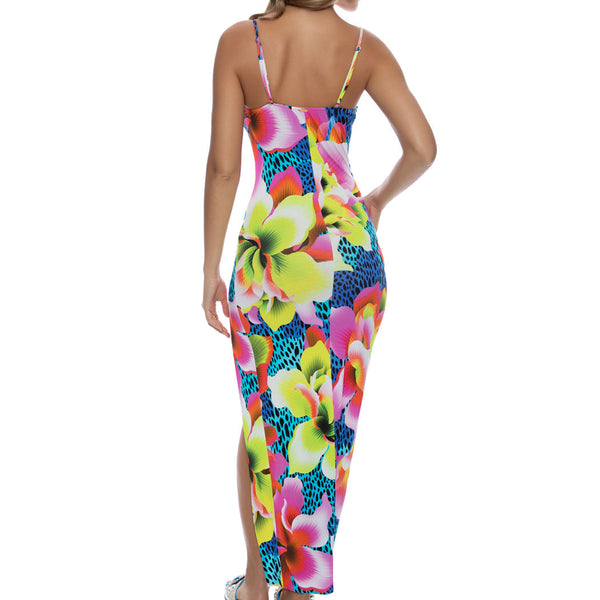 TROPICAL ILLUSIONS - Fitted Side Slit Maxi Dress